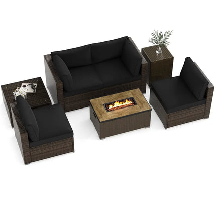 7 Pieces Outdoor Furniture Set with 32 Inch Fire Pit Table and Propane Tank Cover-Black - Black - Patio Furniture Sets