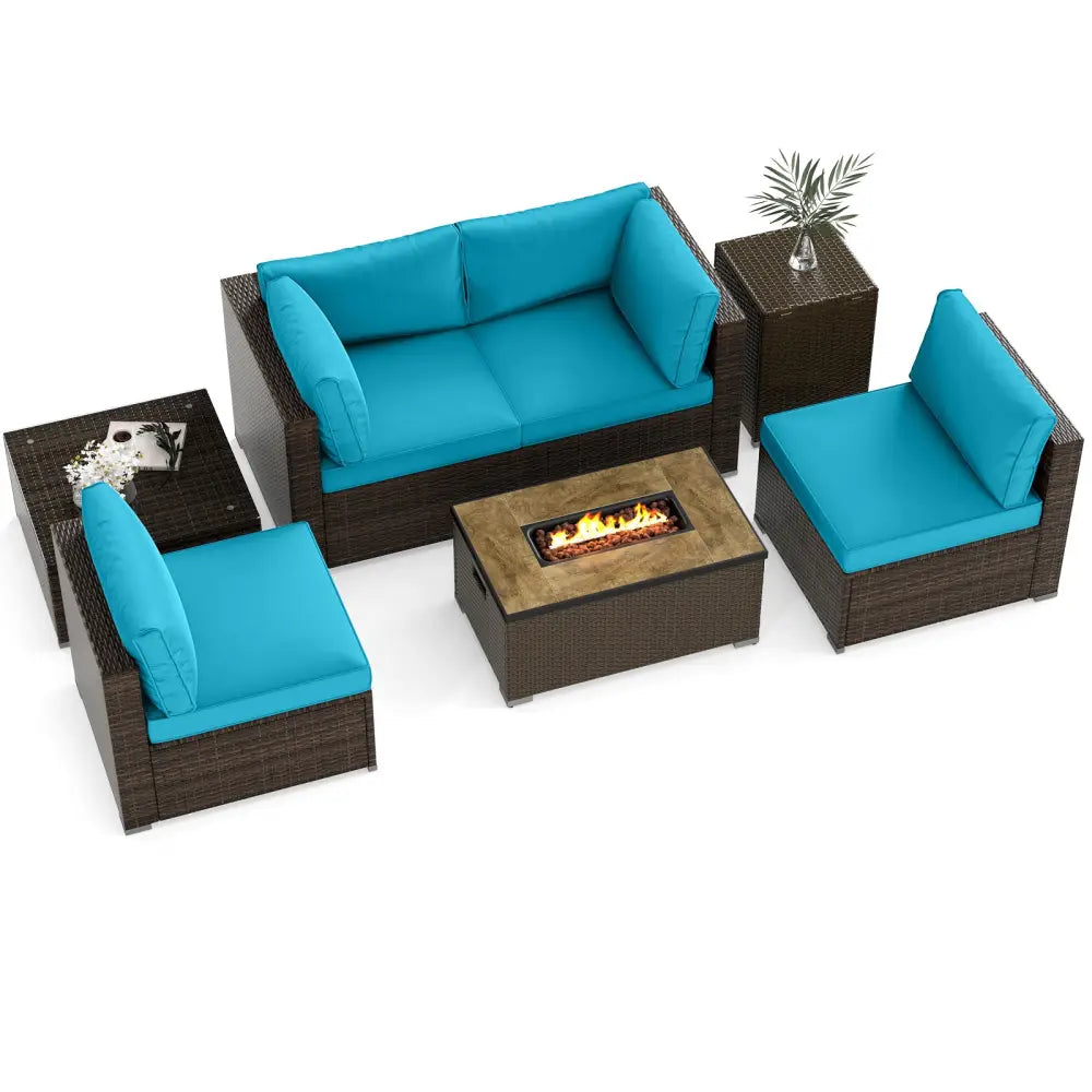 7 Pieces Outdoor Furniture Set with 32 Inch Fire Pit Table and Propane Tank Cover-Turquoise - Turquoise - Patio
