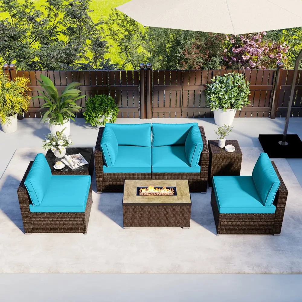 7 Pieces Outdoor Furniture Set with 32 Inch Fire Pit Table and Propane Tank Cover-Turquoise - Turquoise - Patio