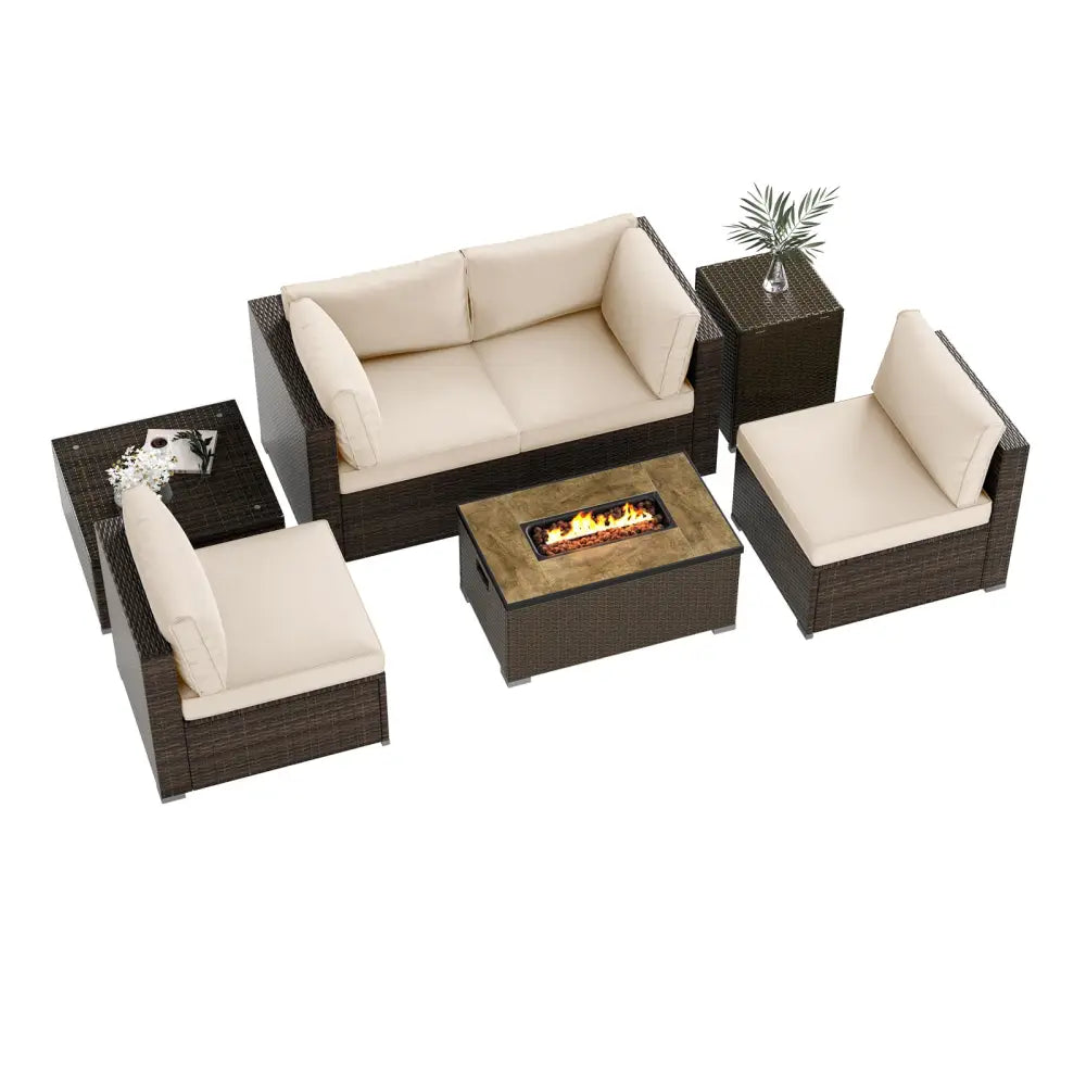 7 Pieces Outdoor Furniture Set with 32 Inch Fire Pit Table and Propane Tank Cover-White - White - Patio Furniture Sets