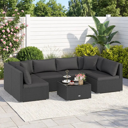 7 Pieces Outdoor Sectional Wicker Patio Furniture Sofa Set with Tempered Glass Top and Softy Cushions-Black - Black
