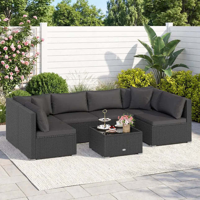 7 Pieces Outdoor Sectional Wicker Patio Furniture Sofa Set with Tempered Glass Top and Softy Cushions-Black - Black