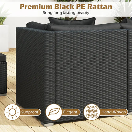 7 Pieces Outdoor Sectional Wicker Patio Furniture Sofa Set with Tempered Glass Top and Softy Cushions-Black - Black