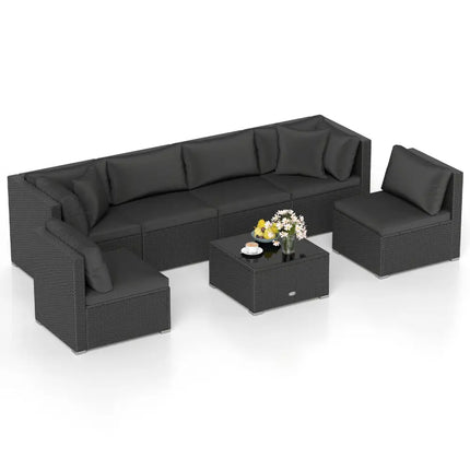7 Pieces Outdoor Sectional Wicker Patio Furniture Sofa Set with Tempered Glass Top and Softy Cushions-Black - Black