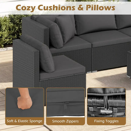 7 Pieces Outdoor Sectional Wicker Patio Furniture Sofa Set with Tempered Glass Top and Softy Cushions-Black - Black