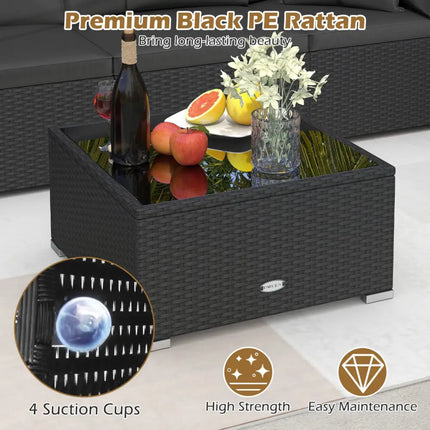 7 Pieces Outdoor Sectional Wicker Patio Furniture Sofa Set with Tempered Glass Top and Softy Cushions-Black - Black