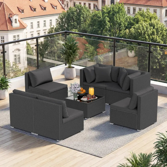 7 Pieces Outdoor Sectional Wicker Patio Furniture Sofa Set with Tempered Glass Top and Softy Cushions-Black - Black