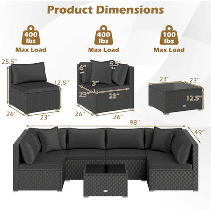 7 Pieces Outdoor Sectional Wicker Patio Furniture Sofa Set with Tempered Glass Top and Softy Cushions-Black - Black