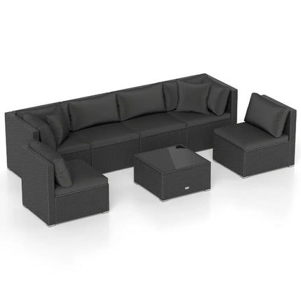 7 Pieces Outdoor Sectional Wicker Patio Furniture Sofa Set with Tempered Glass Top and Softy Cushions-Black - Black