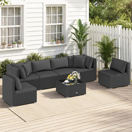 7 Pieces Outdoor Sectional Wicker Patio Furniture Sofa Set with Tempered Glass Top and Softy Cushions-Black - Black