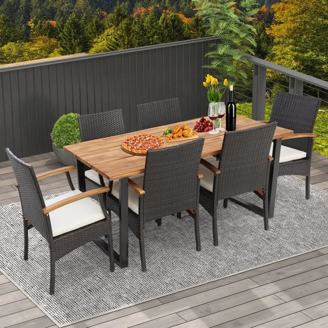 7 Pieces Outdoor Wicker Chair and Dining Table Set-Wood Handrail - Patio Dining Sets