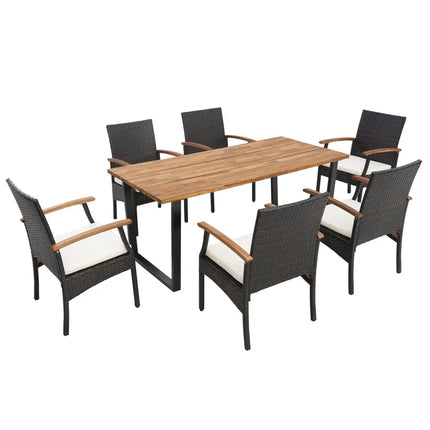 7 Pieces Outdoor Wicker Chair and Dining Table Set-Wood Handrail - Patio Dining Sets