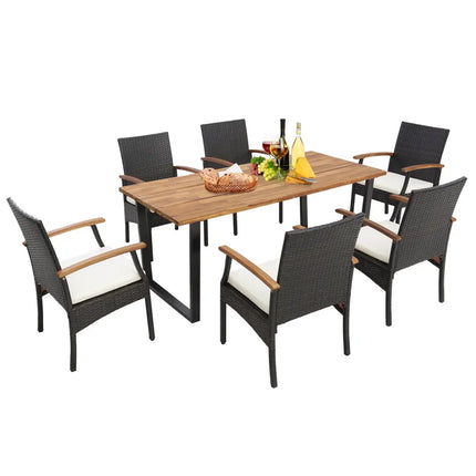 7 Pieces Outdoor Wicker Chair and Dining Table Set-Wood Handrail - Patio Dining Sets