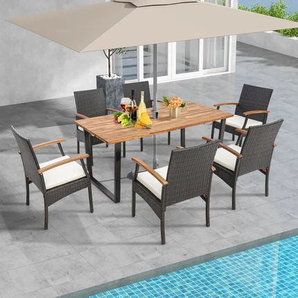 7 Pieces Outdoor Wicker Chair and Dining Table Set-Wood Handrail - Patio Dining Sets