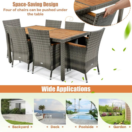 7 Pieces Patio Acacia Wood Cushioned PE Rattan Wicker Dining Set - Brown - Patio Dining Sets