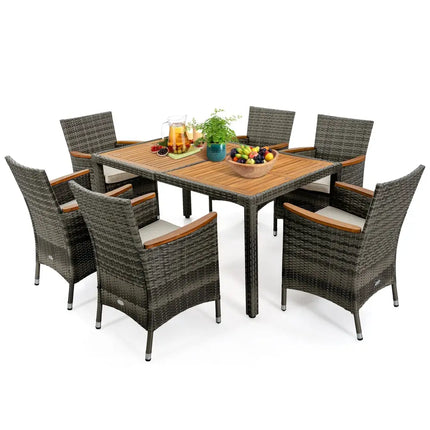 7 Pieces Patio Acacia Wood Cushioned PE Rattan Wicker Dining Set - Brown - Patio Dining Sets