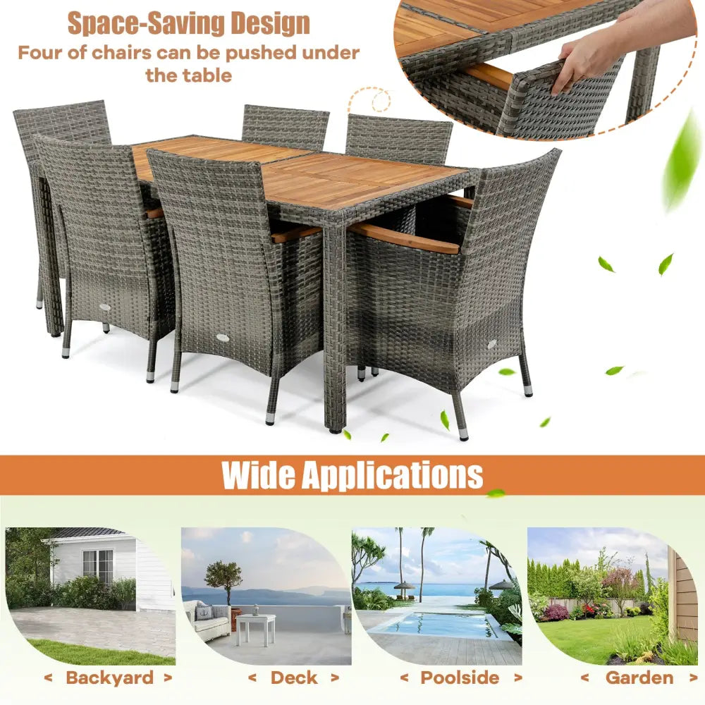 7 Pieces Patio Acacia Wood Cushioned PE Rattan Wicker Dining Set - Brown - Patio Dining Sets