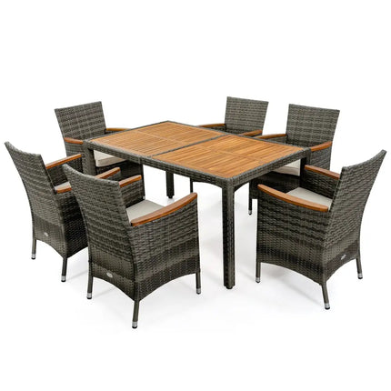 7 Pieces Patio Acacia Wood Cushioned PE Rattan Wicker Dining Set - Brown - Patio Dining Sets