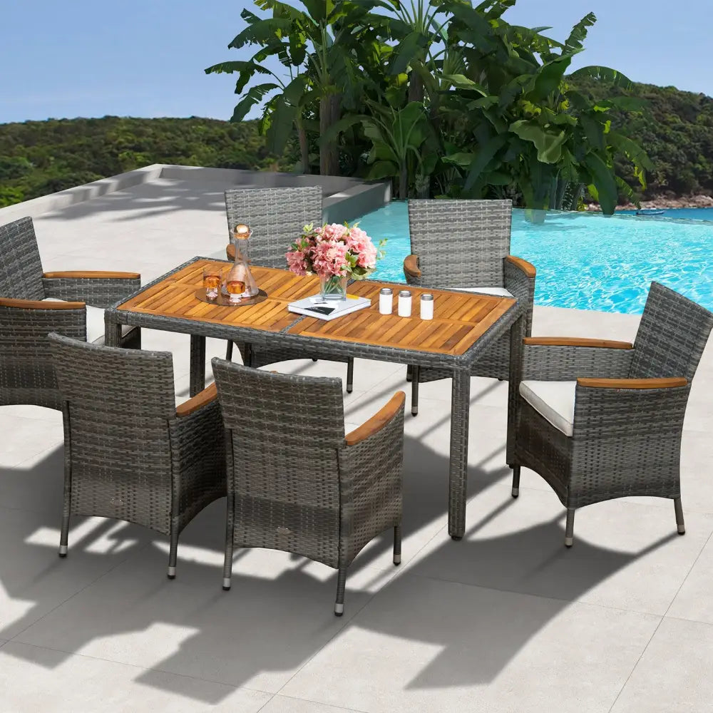 7 Pieces Patio Acacia Wood Cushioned PE Rattan Wicker Dining Set - Brown - Patio Dining Sets