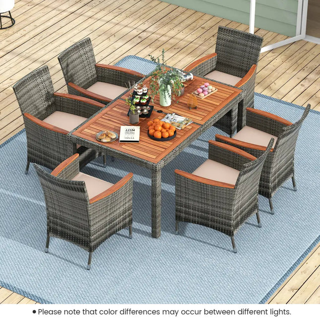7 Pieces Patio Acacia Wood Cushioned PE Rattan Wicker Dining Set for Patio - Brown - Patio Dining Sets