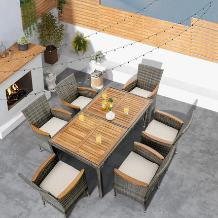 7 Pieces Patio Acacia Wood Cushioned PE Rattan Wicker Dining Set - Brown - Patio Dining Sets