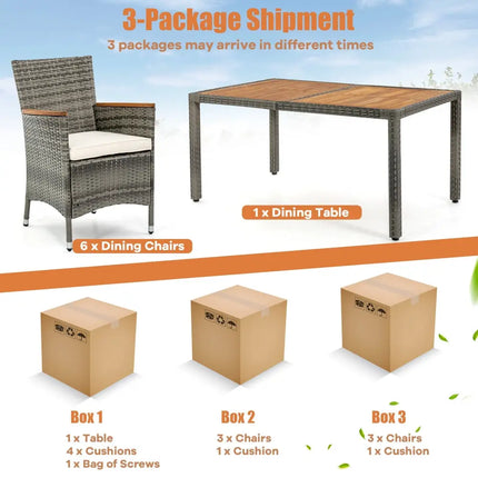 7 Pieces Patio Acacia Wood Cushioned PE Rattan Wicker Dining Set - Brown - Patio Dining Sets
