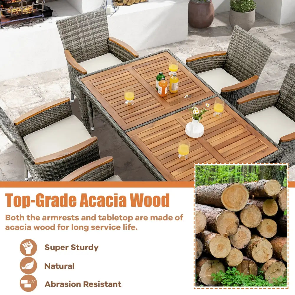 7 Pieces Patio Acacia Wood Cushioned PE Rattan Wicker Dining Set - Brown - Patio Dining Sets