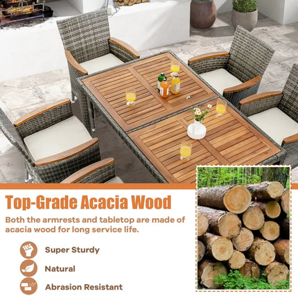 7 Pieces Patio Acacia Wood Cushioned PE Rattan Wicker Dining Set - Brown - Patio Dining Sets