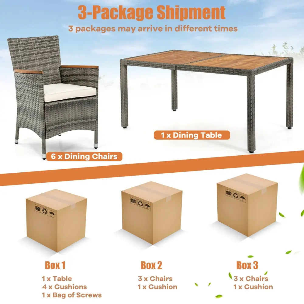 7 Pieces Patio Acacia Wood Cushioned PE Rattan Wicker Dining Set - Brown - Patio Dining Sets