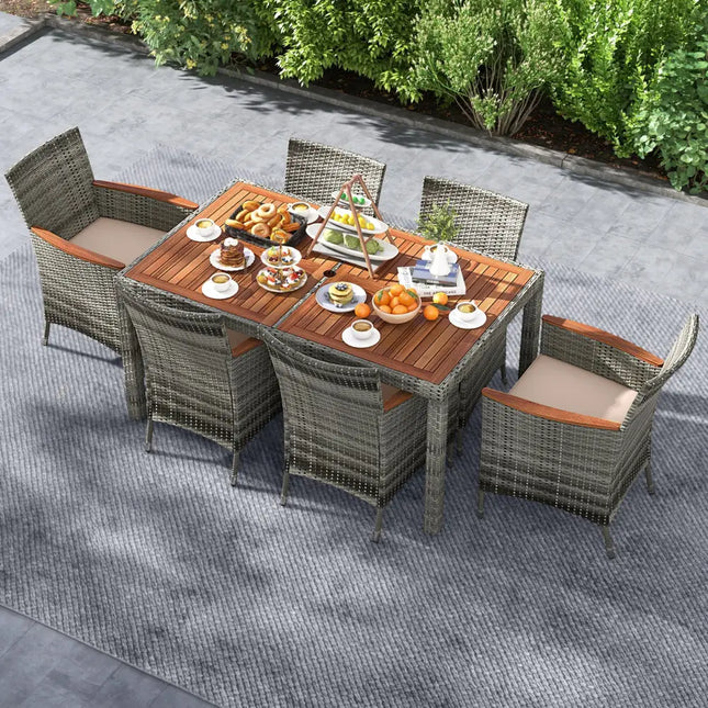 7 Pieces Patio Acacia Wood Cushioned PE Rattan Wicker Dining Set for Patio - Brown - Patio Dining Sets