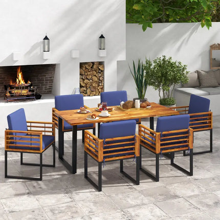 7 Pieces Patio Acacia Wood Dining Chair and Table Set for Backyard and Poolside-Navy - Navy - Patio Dining Sets
