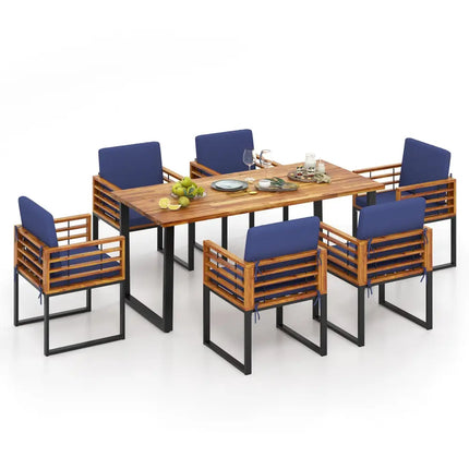 7 Pieces Patio Acacia Wood Dining Chair and Table Set for Backyard and Poolside-Navy - Navy - Patio Dining Sets