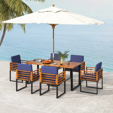 7 Pieces Patio Acacia Wood Dining Chair and Table Set for Backyard and Poolside-Navy - Navy - Patio Dining Sets