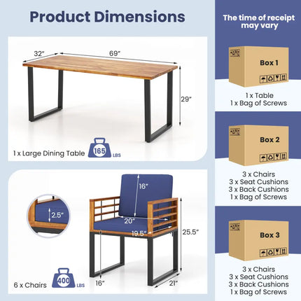 7 Pieces Patio Acacia Wood Dining Chair and Table Set for Backyard and Poolside-Navy - Navy - Patio Dining Sets