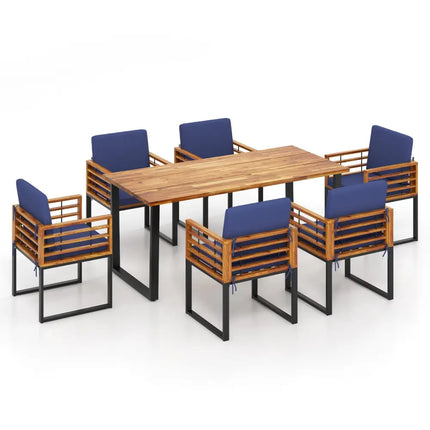 7 Pieces Patio Acacia Wood Dining Chair and Table Set for Backyard and Poolside-Navy - Navy - Patio Dining Sets
