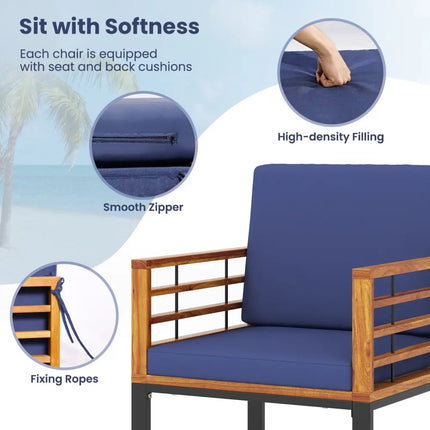 7 Pieces Patio Acacia Wood Dining Chair and Table Set for Backyard and Poolside-Navy - Navy - Patio Dining Sets