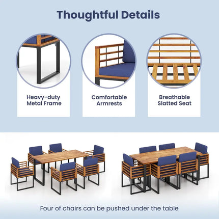 7 Pieces Patio Acacia Wood Dining Chair and Table Set for Backyard and Poolside-Navy - Navy - Patio Dining Sets