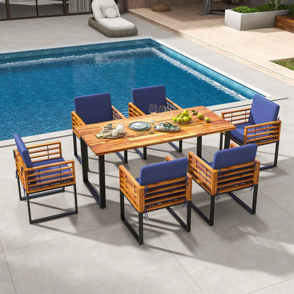 7 Pieces Patio Acacia Wood Dining Chair and Table Set for Backyard and Poolside-Navy - Navy - Patio Dining Sets