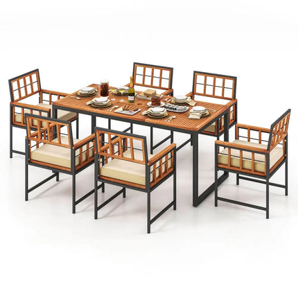 7 Pieces Patio Acacia Wood Dining Set with Soft Cushions and Umbrella Hole-Natural - Natural - Patio Dining Sets