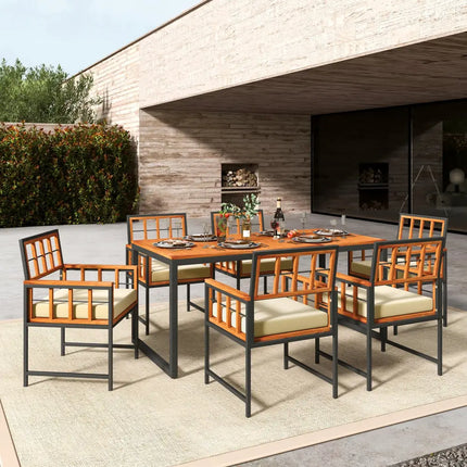 7 Pieces Patio Acacia Wood Dining Set with Soft Cushions and Umbrella Hole-Natural - Natural - Patio Dining Sets
