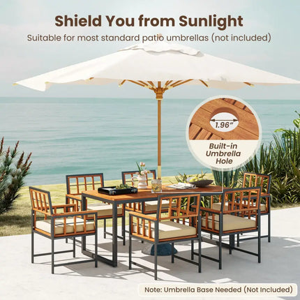 7 Pieces Patio Acacia Wood Dining Set with Soft Cushions and Umbrella Hole-Natural - Natural - Patio Dining Sets