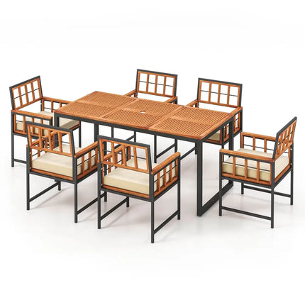 7 Pieces Patio Acacia Wood Dining Set with Soft Cushions and Umbrella Hole-Natural - Natural - Patio Dining Sets