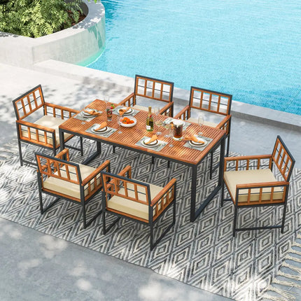 7 Pieces Patio Acacia Wood Dining Set with Soft Cushions and Umbrella Hole-Natural - Natural - Patio Dining Sets