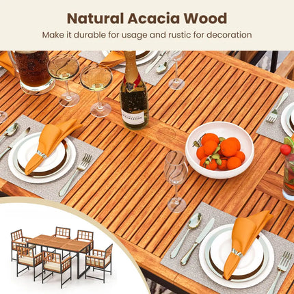 7 Pieces Patio Acacia Wood Dining Set with Soft Cushions and Umbrella Hole-Natural - Natural - Patio Dining Sets