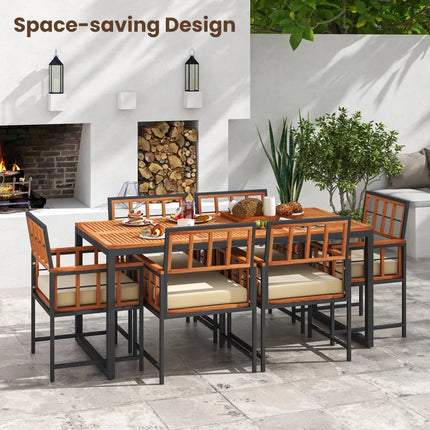 7 Pieces Patio Acacia Wood Dining Set with Soft Cushions and Umbrella Hole-Natural - Natural - Patio Dining Sets