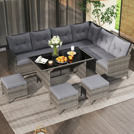 7 Pieces Patio Dining Furniture Set with Soft Cushions and Ottomans-Gray - Gray - Patio Dining Sets