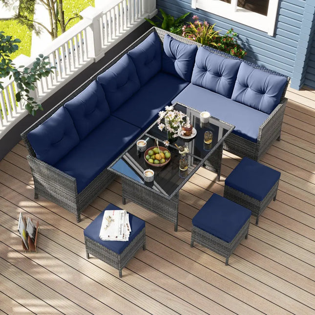 7 Pieces Patio Dining Furniture Set with Soft Cushions and Ottomans-Navy - Navy - Patio Dining Sets