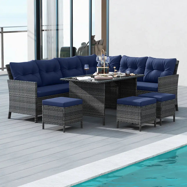7 Pieces Patio Dining Furniture Set with Soft Cushions and Ottomans-Navy - Navy - Patio Dining Sets