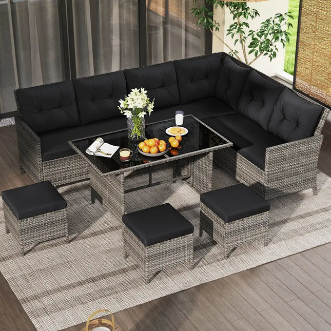 7 Pieces Patio Dining Furniture Set with Soft Cushions and Ottomans-Black - Black - Patio Dining Sets