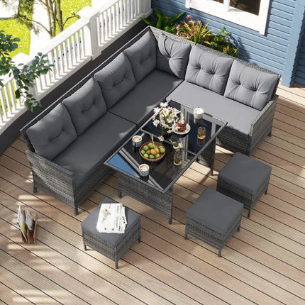 7 Pieces Patio Dining Furniture Set with Soft Cushions and Ottomans-Gray - Gray - Patio Dining Sets